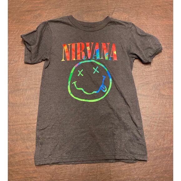 Nirvana Tie Dye Dazed Smiley Face‎ Heather Gray Short Sleeve Size XS Grunge Band - Picture 1 of 6